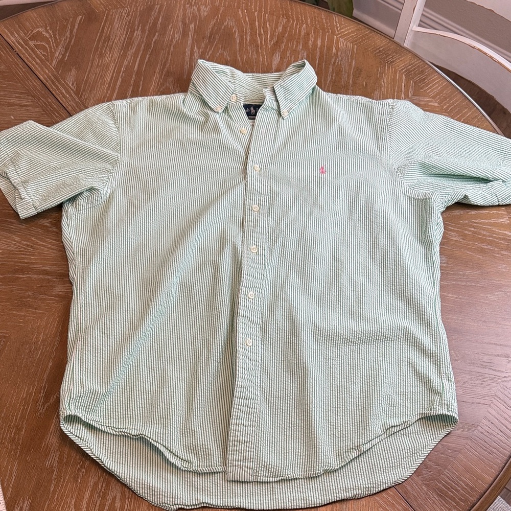 Ralph Lauren seersucker white and Green Striped Button Down Shirt